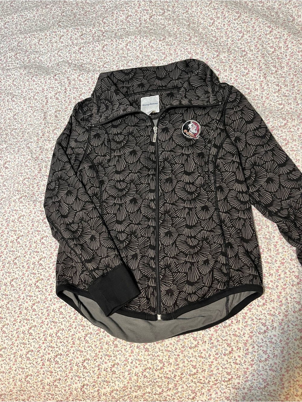 Tommy Bahama Black and Gray Patterned Zip-Up Top. Medium